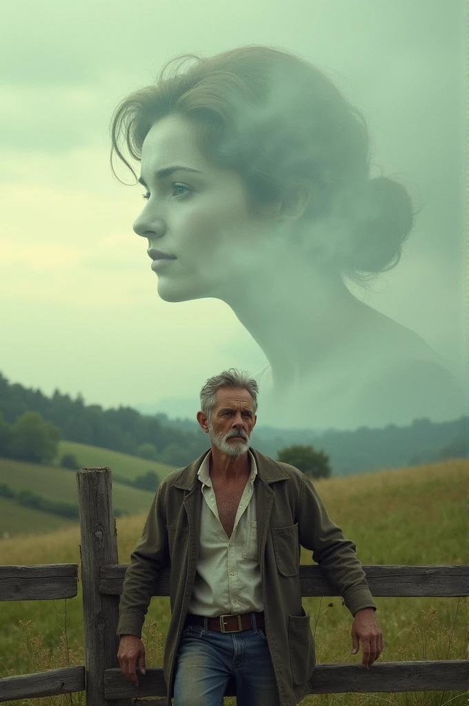 An image in format 16:9 of a man, leaning against a farm fence, and a woman&#39;s face in the clouds, like a distant thought of a past love.