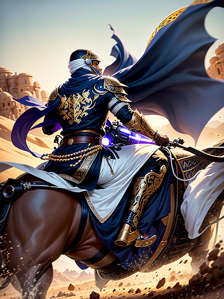 **Prompt:** "A detailed and realistic image of an Arab knight dressed in traditional Islamic attire, riding a large, powerful motorcycle. The knight's flowing robes and headscarf are intricately designed with rich patterns, blowing in the wind as he rides. The motorcycle is sleek and modern, contrasting with the ancient warrior's clothing, and is painted in bold colors with Islamic motifs. The scene should convey a sense of strength and speed, with a desert landscape in the background and a dynamic, action-packed atmosphere."