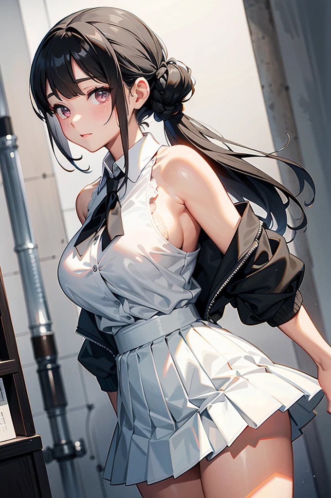 背中をビューアーに向けてBackwards、Looking back、Beautiful buttocksの接写、Backwards、Looking back、Beautiful buttocks、小さくて張りのあるBeautiful buttocks、Beautiful buttocksの接写、Big Breasts、1 female、Staring at the audience:1.5、Big Breasts、(Black Hair、Hair tied up)、(White lace sleeveless shirt、White collared button-front sleeveless shirt、White tight shirt、Micro mini skirt 30cm above the knee、Light gray pleated skirt、Light gray low rise skirt、Garnet Necklace、Large Breasts、Ample breasts)、Women&#39;s University、classroom、明るい陽射しのclassroom