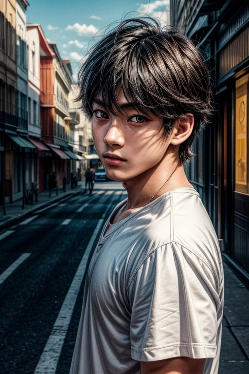 a 20-year-old shin-chan boy, extremely detailed, beautiful detailed eyes, beautiful detailed lips, extremely detailed face, detailed facial expressions, 1boy, anime style, vibrant colors, dynamic pose, mischievous expression, street background, urban city, detailed environment, intricate details, photorealistic, 8k, high resolution, masterpiece, cinematic lighting, dramatic lighting