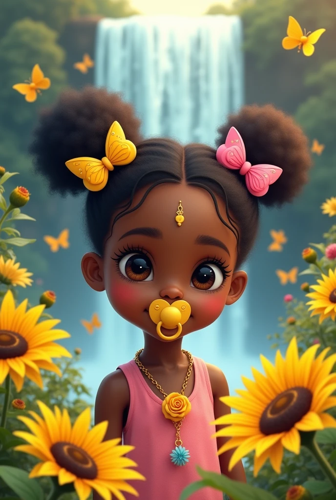 little black girl, wearing pigtails with two pink and yellow bows and a yellow butterfly tiara, with a necklace with three pacifiers, A rose, a yellow one and a red one wearing a pink and yellow dress she is at the waterfall, with yellow butterflies and sunflowers