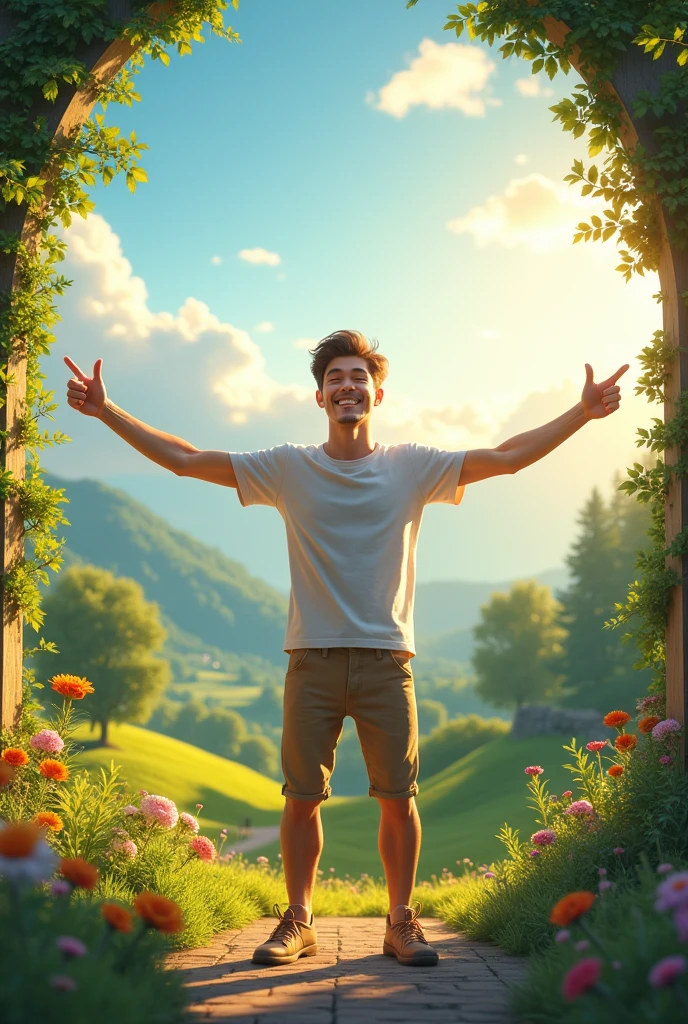 A young man with a radiant smile, with thumbs up and surrounded by a sunny and beautiful landscape, include an arc element, What are Sagittarius Zodiac Sign Symbols?.