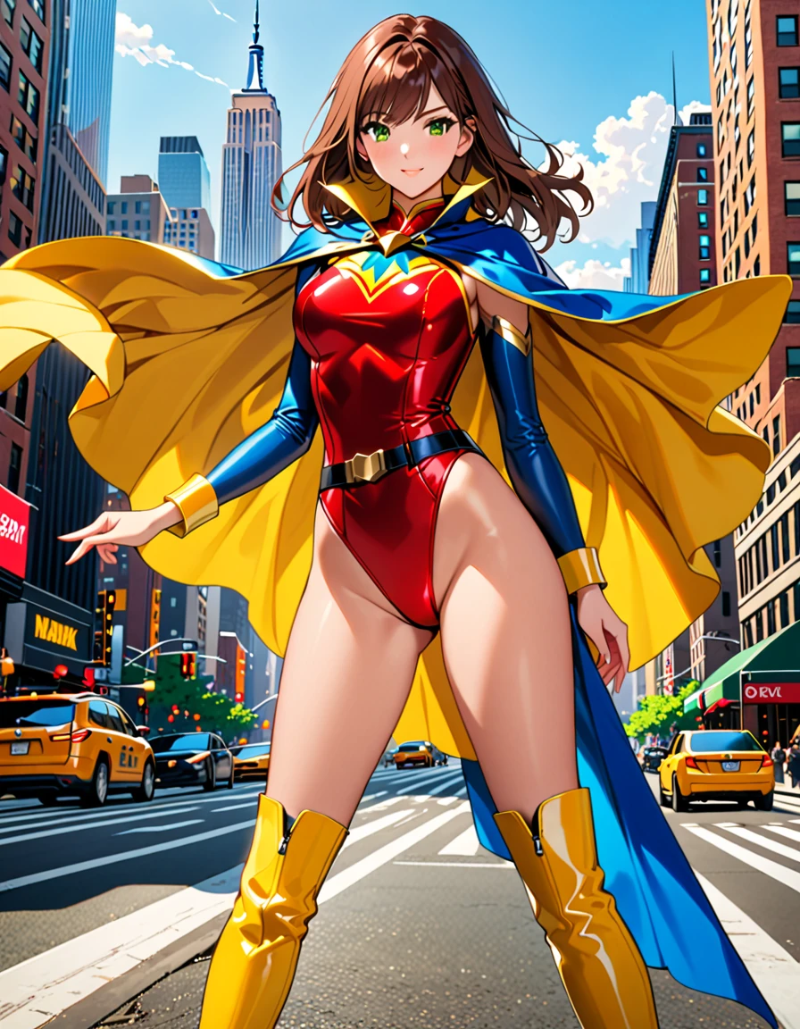 (masterpiece), (best quality), (high res), 1lady, tall body, highly detailed, professional, beautiful detailed eyes, beautiful detailed face, perfect hands, complete fingers, perfect anatomy, perfect proportions, ((brown hair, medium hair, hair down)), ((green eyes)), ((leotard, (red leotard), matching leotard)), (bare legs), (boots, matching boots, knee-high boots, yellow boots), breasts, medium breasts, (full body portrait), looking at viewer, solo, solo focus, standing, one hand on hip, cowboy shot, new york backdrop, ((tight belt)), (blue sleeves, yellow cuffs), ((yellow hawk/(symbol/)) on chest), ((medium cape, (blue cape))), full body costume design.