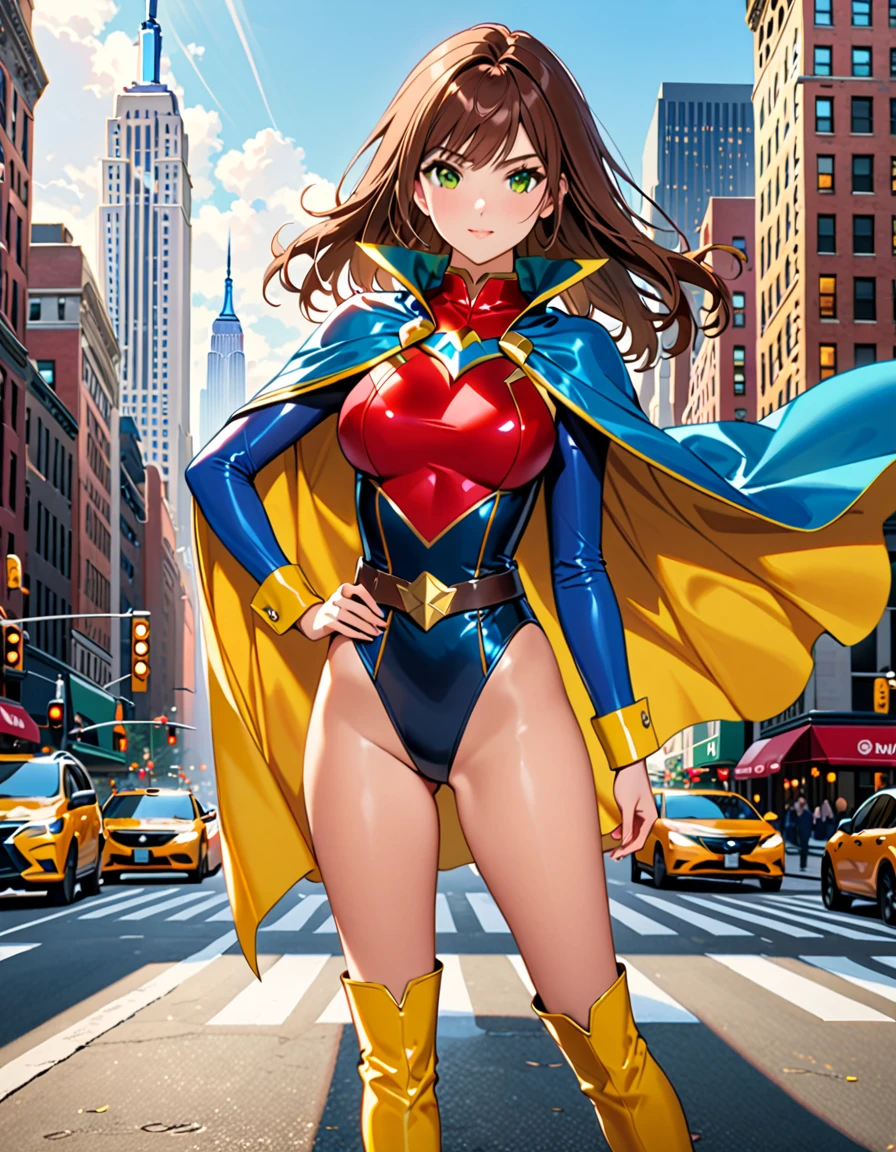 (masterpiece), (best quality), (high res), 1lady, tall body, highly detailed, professional, beautiful detailed eyes, beautiful detailed face, perfect hands, complete fingers, perfect anatomy, perfect proportions, ((brown hair, medium hair, hair down)), ((green eyes)), ((leotard, (red leotard), matching leotard)), (bare legs), (boots, matching boots, knee-high boots, yellow boots), breasts, medium breasts, (full body portrait), looking at viewer, solo, solo focus, standing, one hand on hip, cowboy shot, new york backdrop, ((tight belt)), (blue sleeves, yellow cuffs), ((yellow hawk/(symbol/)) on chest), ((medium cape, (blue cape))), full body costume design.