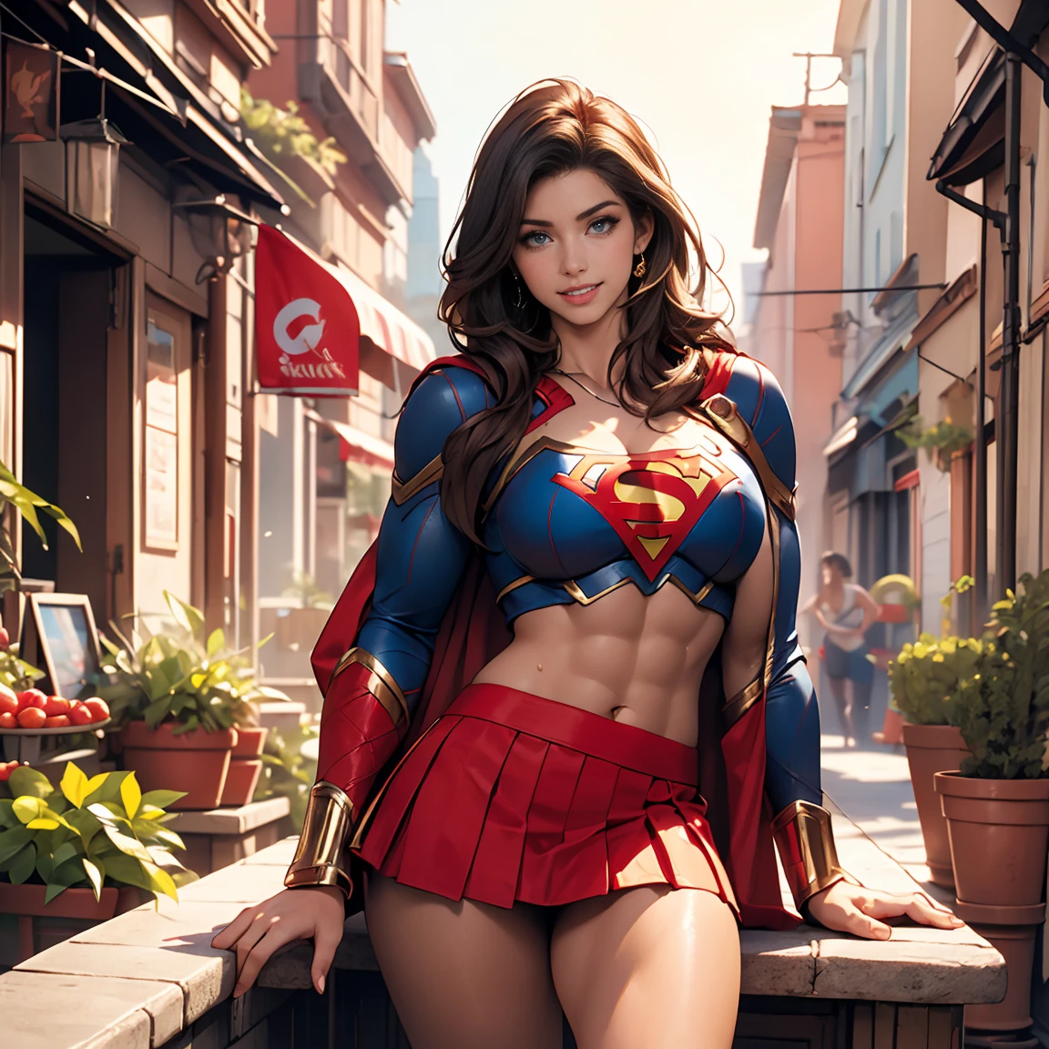 Pretty Caucasian (female), Sarah Shahi, a slim but muscular body, huge breasts, dark brown messy hair, blue eyes, (large breasts, seductive thighs), perfect face, perfect eyes, sexy body, dressed supergirl cosplay (super girl suite custom role-playing), (supergirl, cleavage, shortest red skirt, tiny thong, t back, g string, tiny top suit, super girl logo in the chest), hard niples, sweaty skin, side boob, (beautiful scenery), daytime, (terrace in 1 building), sexy pose, , (lovely smile, parted lips), view from front,,