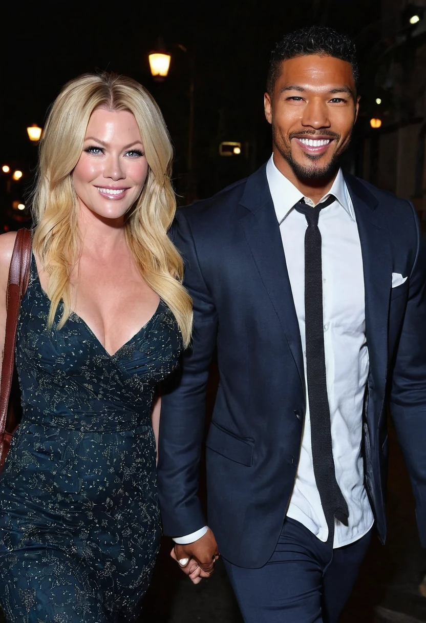 Caucasian actress Nichole Hiltz and a handsome African American male whose facial features are a combo of Charles Michael Davis + Rome Flynn + Isaiah Mustafa enjoy an evening stroll. Both are smiling. Both are dressed attractively for a night on the town. Ashley has lovely makeup on her face. Nighttime. Romantic ambiance. Symmetrical eyes. Symmetrical faces. Lovely details. Photorealistic. Full-colored photo. Professional photo. Highly detailed 8K.