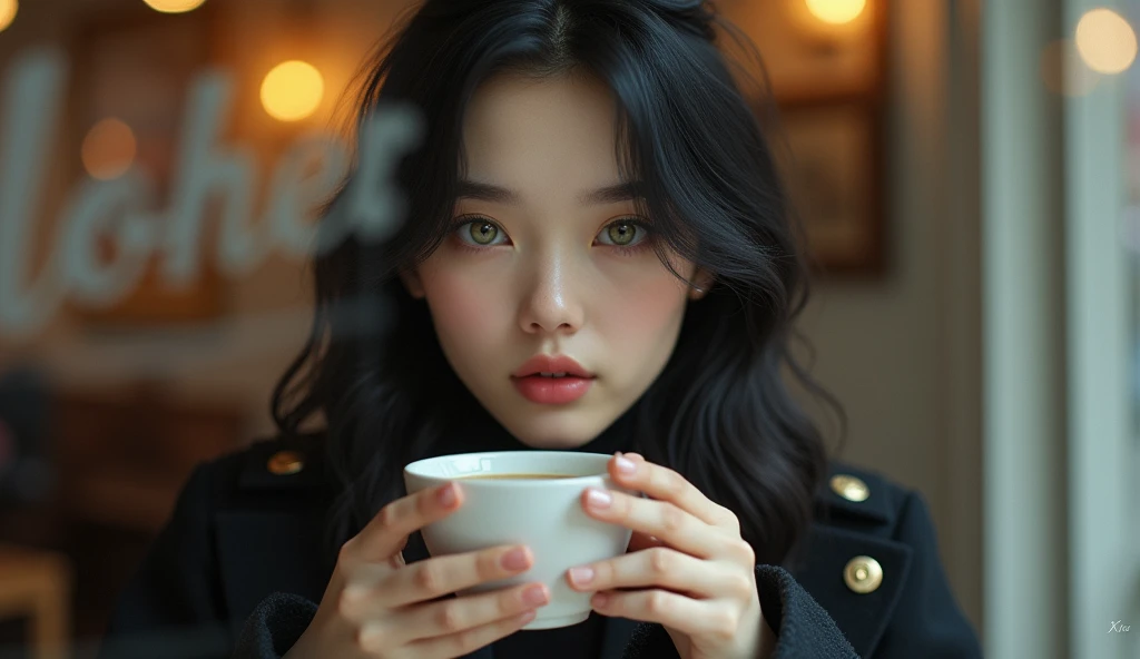 Portrait of a young woman drinking coffee in a café, seen through the window. The woman has an ethereal appearance, with fair skin, large greenish-grey eyes, and soft pink full lips. Her black, slightly wavy hair softly frames her face. She is wearing a dark coat with golden details and a golden brooch on the front. The scene focuses on a close-up of her face, reflecting serenity and mystery as she holds a cup of coffee with both hands. Through the café window, the name "BLOHER" is subtly frosted, elegantly blending into the image without overshadowing it. The glass allows a clear view of the warm and cozy interior of the café, while the woman's gaze conveys a deep calm.