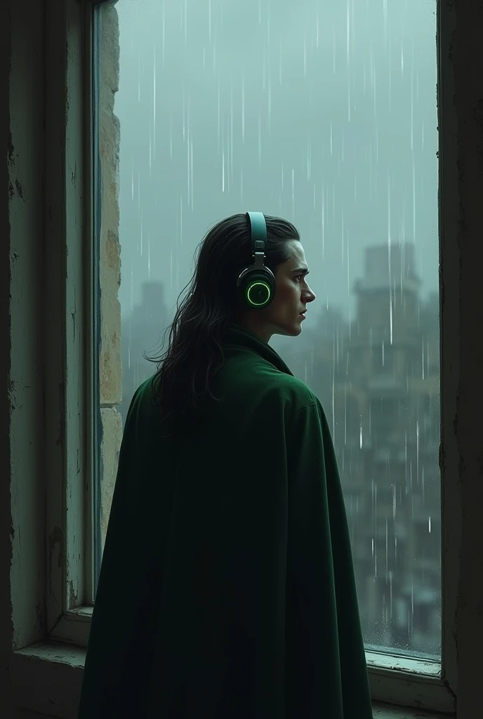 Loki looking through window raining outside,remembering old childhood nostalgic memories with headphones in a nostalgic background