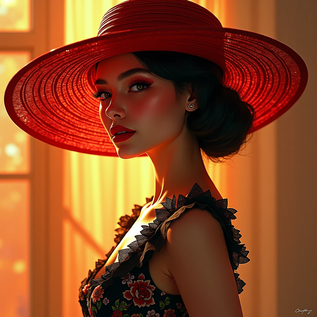 A mesmerizing hyperrealistic illustration of a sophisticated woman exuding grace and confidence. She dons a stunning wide-brimmed red hat adorned with intricate designs, casting a subtle shadow over her enchanting face. Her classic black dress features a bold, vibrant pattern that accentuates her silhouette. The atmosphere of the piece is a harmonious blend of elegance and boldness, with the woman's captivating presence serving as the focal point., illustration, vibrant