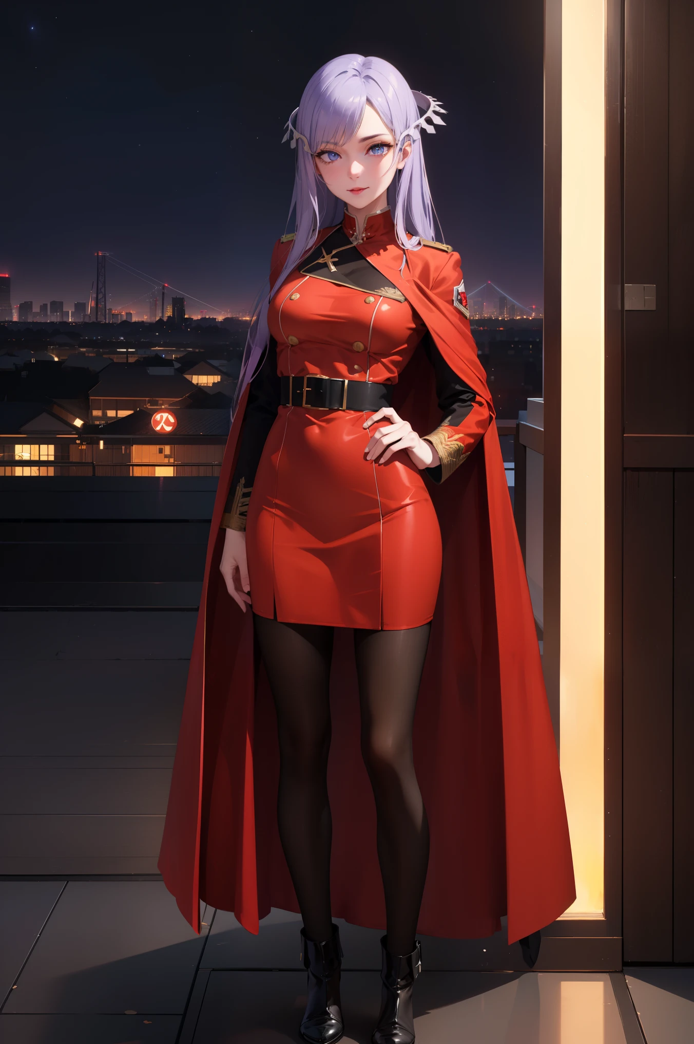 quinella, quinella, absurdly long hair, (purple eyes:1.1), long hair, parted bangs, purple hair, very long hair, hair ornament,medium breast,
BREAK (red uniform,red jacket,military_uniform,military,long_sleeves,red_cape,Black_shirt,pantyhose:1.2),
BREAK (Night:1.7), Japan, cyberpunk, CityView, Before Window, Standing at attention,arm behind back, expressive eyes,seductive smile, looking at viewer, NSFW,(Full_body),
BREAK (masterpiece:1.2), best quality, high resolution,NSW ,unity 8k wallpaper, (illustration:0.8), (beautiful detailed eyes:1.6), extremely detailed face, perfect lighting, extremely detailed CG, (perfect hands, perfect anatomy),