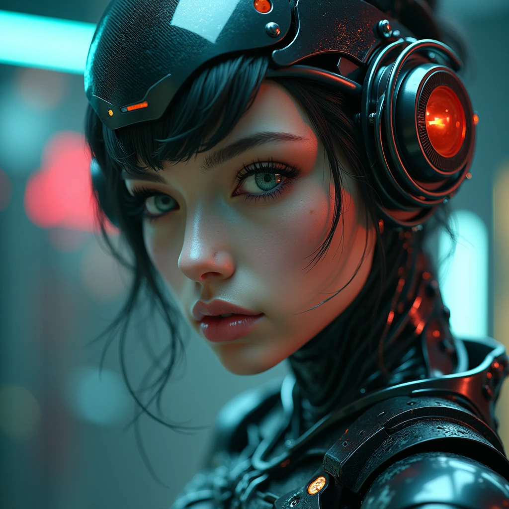 a cyborg girl, highly detailed facial features, beautiful detailed eyes, beautiful detailed lips, extremely detailed face and skin, long eyelashes, fair skin, mechanical body parts, futuristic cyberpunk style, metallic textures, glowing neon accents, moody dramatic lighting, cinematic composition, vibrant colors, masterpiece, best quality, 8k, photorealistic, hyper detailed, intricate, award winning