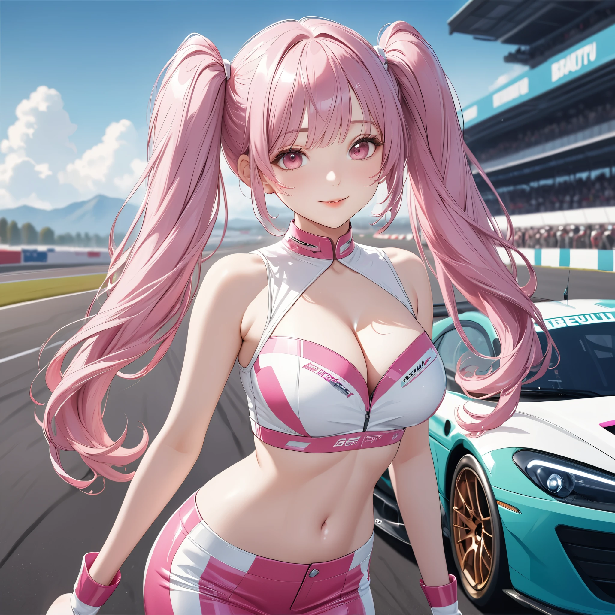 (8K, masutepiece, Best Quality, Official art, beautiful lighting, The best masterpiece in history that exceeds limits, beautiful detailed), (1 Girl, Solo), (sixteen years old), (beautiful detailed face), (shiny white skin), (Beautiful big bust, cleavage, thighs, navel:1.3), (beautiful detailed pink twin tails hair, Bangs:1.3), (beautiful detailed drooping pink eyes:1.5), (Race queen uniform, short length tight shirt, pastel pink short length tight skirt:1.3), (long boots:1.3), (happy smile:1.2), (Attractive, sensational, Look at the camera, cute pose, standing), breathtaking scenery, (ultra detailed realistic Beautiful Racing car circuit, sports car, blue sky:1.2),