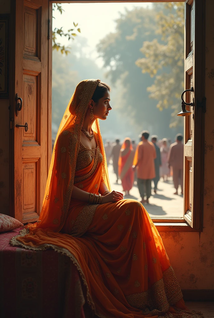 Beautiful servant bridal wearing salwaar suit and duppata on her head, sit on charpayi in her room and baraties of old times coming on the way