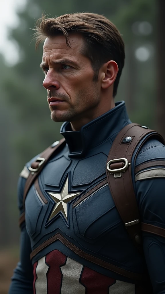 Captain America's face is a study in inner conflict, his brows furrowed, and his eyes filled with anguish as he weighs the consequences of altering the timeline. His iconic shield is slung across his back, slightly obscured, as if forgotten in this moment of deep contemplation. His stance is tense, with one foot planted forward, ready to move, but his body pulled back by the weight of the decision.