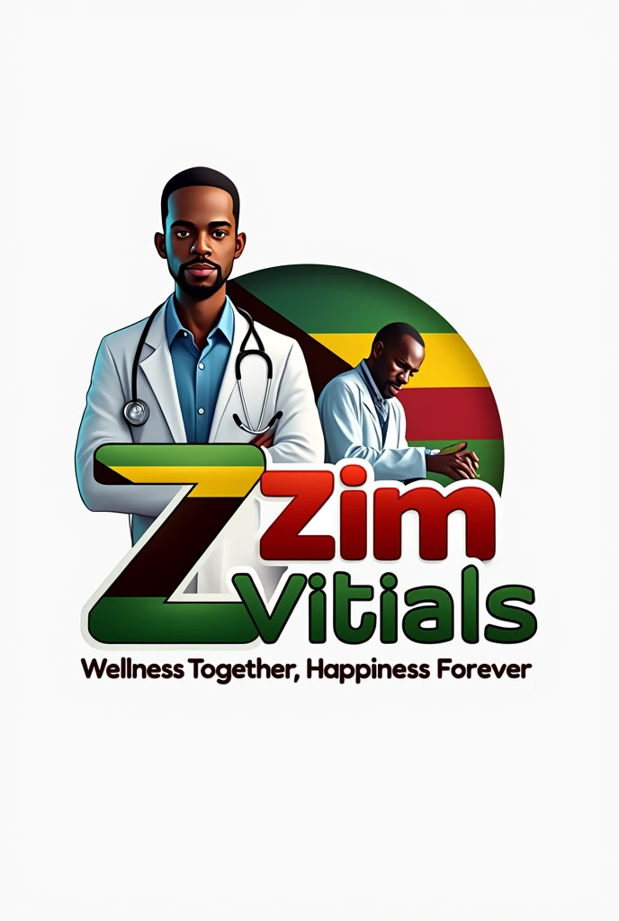 I want a logo for a health channel called ZimVitals, make the Z in ZimVitals with colours of Zimbabwean flag which are( black, yellow, green, red and black), with motto "Wellness together, happiness forever". Put a tinge of dim Zimbabwean flag at the background. Add a realistic black doctor with a patient in the background.