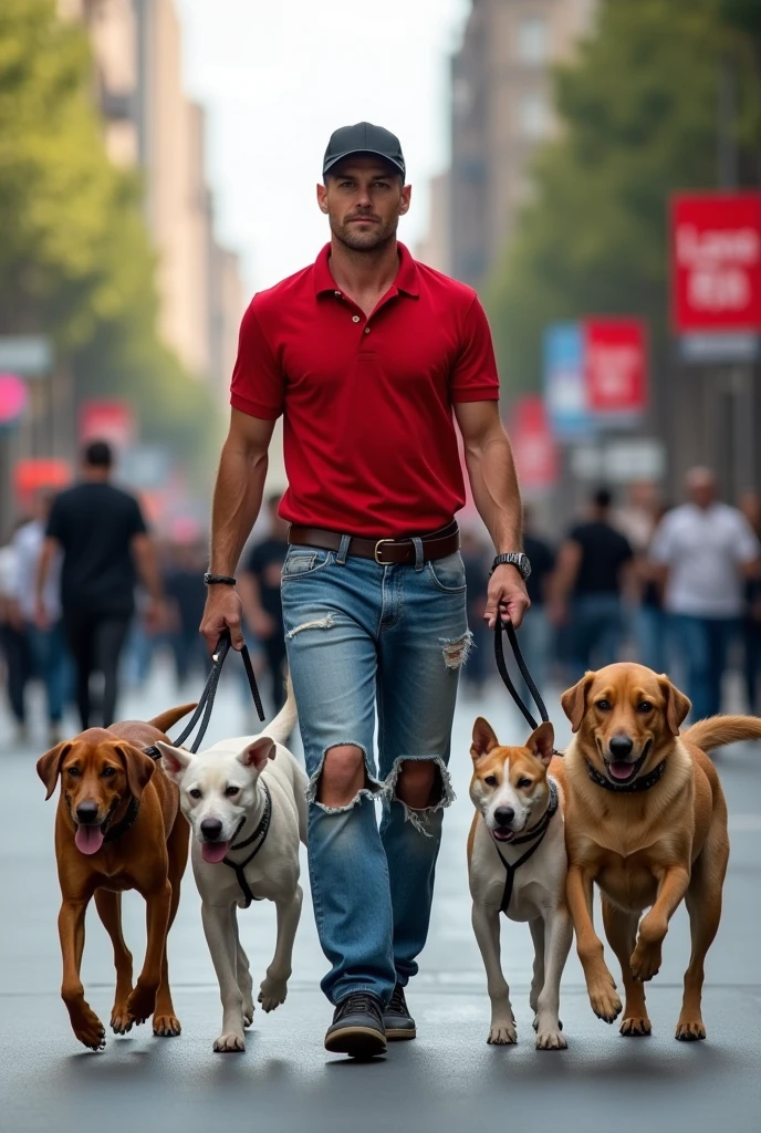Photograph by ANNIE LEIBOVITZ with a Panasonic Lumix DMC-FZ2000 camera of a bald man walking straight towards her, wearing a black cap and a red polo with jeans with strategic and modern rips that reveal his brown knees a little, walking 5 dogs of different breeds, each on a leash, walking beside him and surrounding him. They stroll along Madrid's Gran Via, dodging people on a busy morning with a lot of traffic. Vibrant colors in a spring-like, relaxing and serene atmosphere.