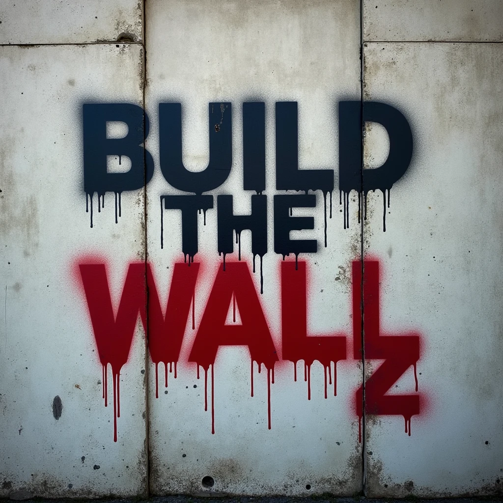 t-shirt design, a cement wall with "build the wall"  spray painted on to it then a "z" is painted as a new layer on top of the last letter of "wall" so the message reads "build the walz"
