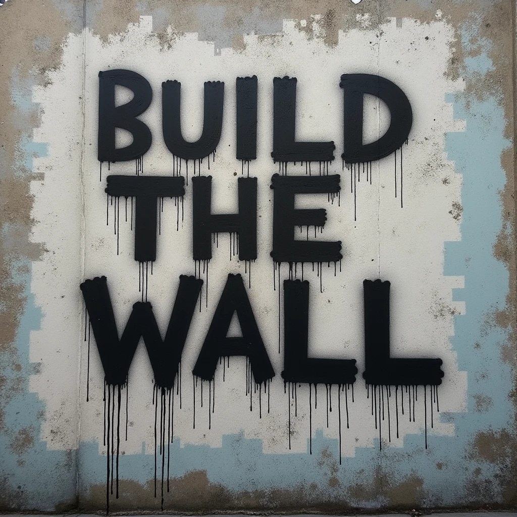 t-shirt design, a cement wall with "build the wall" spray painted on to it then a "z" is painted as a new layer on top of the last letter of "wall" so the message reads "build the walz"