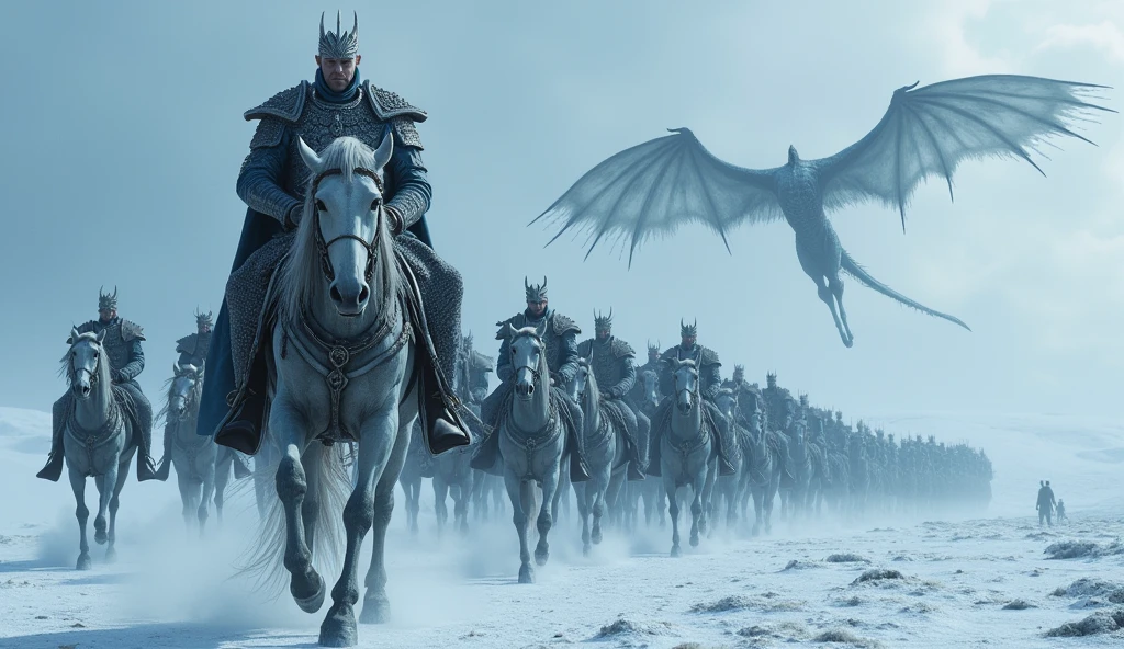 Hyper realistic, a highly detailed digital painting of the Night King from Game of Thrones, riding a horse, leading his army of the undead, with an undead dragon in the background, snowy winter landscape, dramatic lighting, cinematic composition, hyperrealistic, intricate details, dark fantasy, moody atmosphere, cool color palette