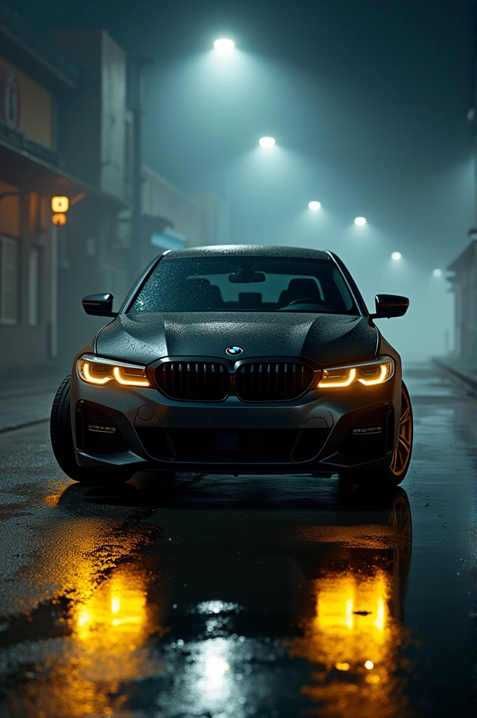 BMW 320d black with gold alloy wheels with yellow head ring light with fog at night