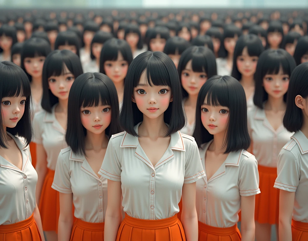 (((((Japanese Clone-girls=Myself))))), (((Super Best masterpiece Clone-girls Raw Photography Art))), (((16K, Highest quality, Ultra-high resolution, RAW Photos))), (((It's so unrealistic., With unparalleled depiction, With an unfathomable sight, An unprecedented and shocking worldview, Clone-girls: In a world of mass reproduction, Ultra-realistic))), (((Japanese Girls, Sasaki Nozomi, 26yo, Small face, Thick black hair, Medium to long hair, Dark Eyes, Mature face, Cute Smile, Smiling face, A gentle gaze, (((Very happy laughter)))))), (((Very beautiful detailed girls, Accurate body structure, Accurate body movements, Very detailed body, (((Super big breasts, Large bulge of ample breasts)))))), (((White short-sleeved shirt, I can see the cleavage, Emphasise the fullness of your breasts, Orange pleated mini skirt, Red color socks, Black leather shoes))), ((((((((Very detailed, Myself cloning, Depiction of splitting oneself, 1Myself girl→1,000,000,000,000,000,000,000,000,000,000Myself cloning girls)))))))), (((((((Myself clone-girlsから, Myself keeps multiplying, (Very detailed and intricate, To the exact, Flawless, (((In the same female body,With the same face, With the same hairstyle, In the same clothes, At the same height, 同じSuper big breastsである))), In a detailed depiction), 1,000,000,000,000,000,000,000,000,000,000 people))))))), (((((Myself girls only))))), (((((1,000,000,000,000,000,000,000,000,000,000Myself girls))))), (((((Very detailed depiction, Multiple or more Myselves, Physical contact, Pleasant conversation, Holding hands, Hug, walk, Turn around, Shift your gaze))))), (((Very detailed, Extremely crowded, Body-to-body contact with no gaps))), (Bright and soft light), (((((Clear and accurate perspective depiction, super wide view, Ultra-wide field of view, Focus on the average value of the image))))), A crowd of Myself filling up the horizon, Everyone is sexy!!!!, I want to touch each other, Touch your, I want to have sex with everyone