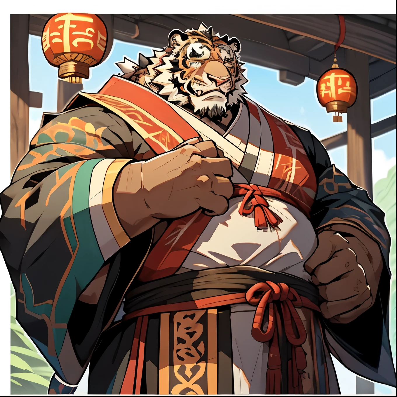 (masterpiece), (best quality), (1Male Tiger Orc), Race Tiger Orc,(Wearing a gray Taoist robe),,permanent, Fashion Taoist robe, ( Majestic and peaceful eyes, ), Face Focused,*Fat body*, Pale golden pupils, Middle-aged tiger orc,Bearded,Kind face