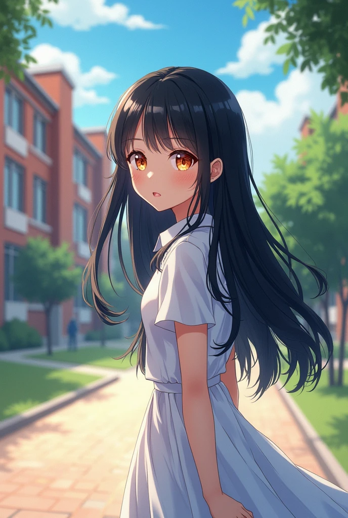 Create a female anime character with long black hairs wearing a white collage dress her eyes colour orange with details and in her opposite direction there should be a college as she is going to college 