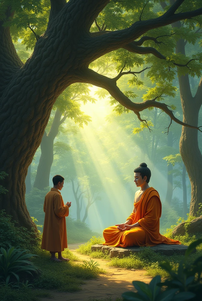 A serene forest setting with Lord Buddha sitting peacefully under a large tree. Malyukputra, dressed in simple robes, respectfully approaches Buddha, looking curious. The atmosphere is calm with a golden hue of sunlight filtering through the trees. Malyukputra asks Buddha about what happens after death.