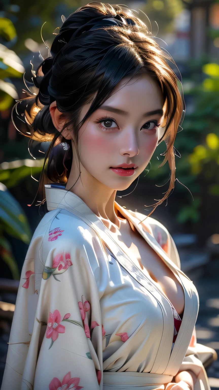 (Cinematic Light, 最high quality, 8k, masterpiece: 1.3), (The world is wonderful, Japanese Goddess, One beautiful woman in the Japan), (necklace, bracelet, anklet, Leg Ring), (Cleavage, sexly, Highly detailed breasts), (Big Tits), kimono, classic kimono, kimono, Japan kimono, intricate geisha, blue kimono with floral pattern, Japanese style, wearing kimono, Inspired by Kano Hogai, masterpiece, 最high quality, high quality, High resolution､((Upper body portrait))､Upper body portrait