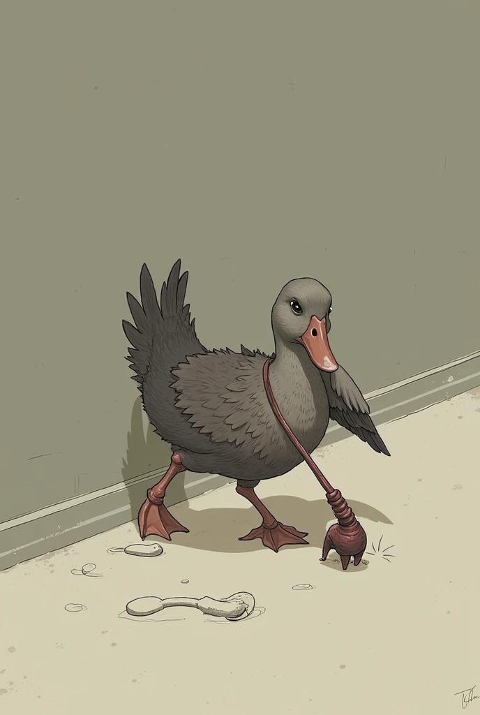 A duck dragged his wing on floor
