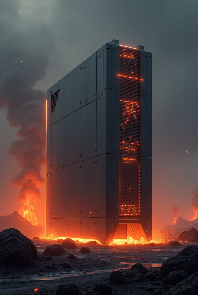Big industrial modern and futuristic generator with leds, stand on free space, dark mood, lava rocks and magma, orange blizzards, minimalism