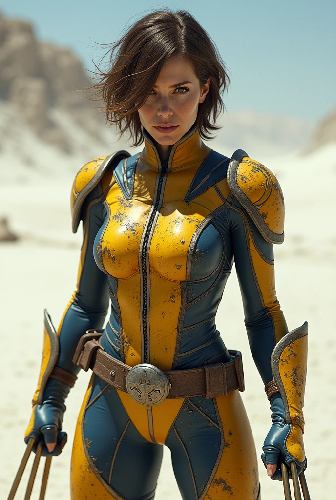 Woman in Wolverine costume, Realistic yellow and navy blue suit, suit with some wear, dirt and some cuts with dried blood, suit with some reinforcement, suit with sleeves, with the face completely visible, with a serious and slightly angry expression, SHOWING THE FANGS, with short and somewhat disheveled hair, with brown eyes, with three golden claws. full body image, in a white sand desert, in a combat pose.