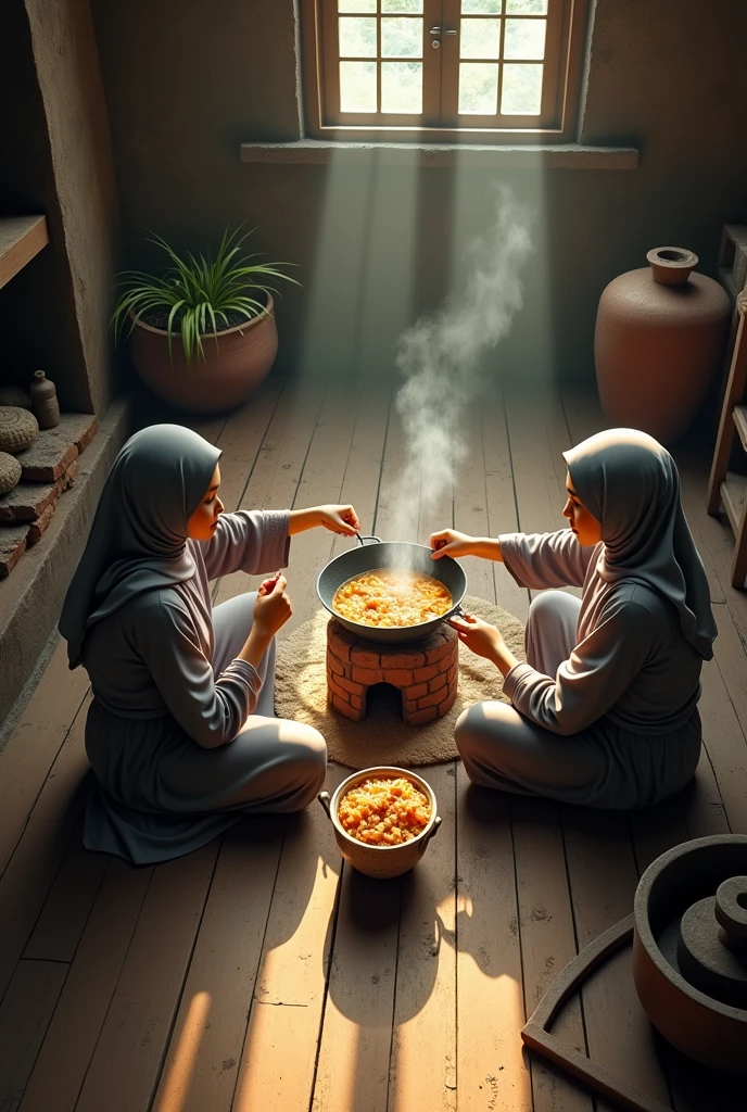 (photorealism:1.2), an aerial view of two malay beauty hijab girl sit down on a
floor in a wooden kitchen, in a midle of clay stove, wear a long sleeve t-shirt and a batik sarong, the girls pouring a meal onto the wok, a top aerial angle, in a morning sunshine, old urn,old traditional brick stove,, old kettle, old stone grinder