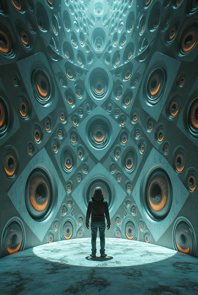 Be in a place, in the center of it, surrounded by hundreds of eyes on the walls watching, more aesthetic eyes, friendly, but flat, as if they were in rhombus-shaped mirrors, without depth, in intersecting circles delimiting them