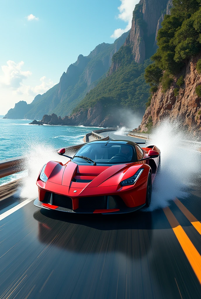 A rad car driving road with water foll