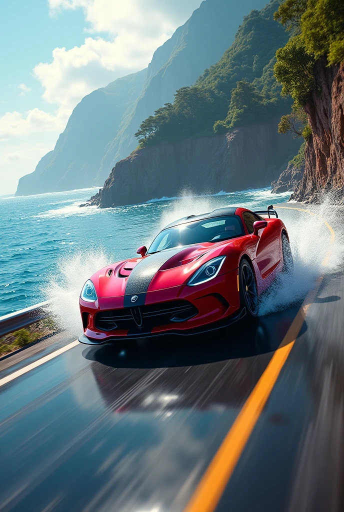 A rad car driving road with water foll