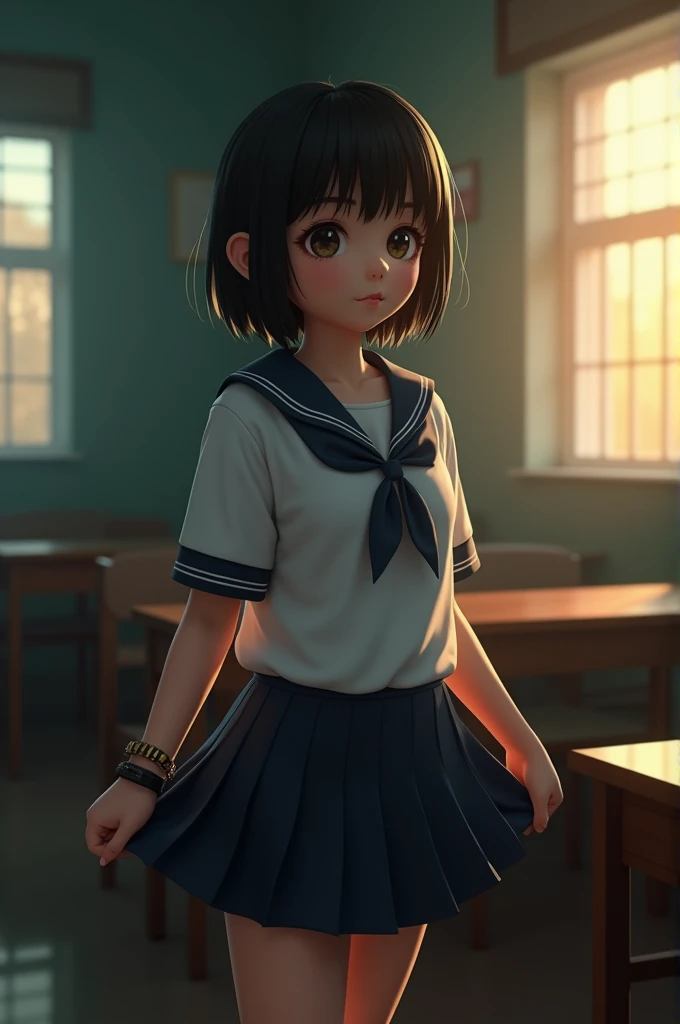 (Realistic:1.4), Highest quality, masterpiece, RAW32K Photo, (Very detailed Beautiful Indian), (Very fine particles:1.2), (),(Cute Face:1.2), Very detailed, Ultra-high resolution, wonderful, BREAK,
(school uniform:1.5), Detailed school girl, (Classroom at Dusk 1.3、Moody light), Beautiful detailed girl, bangs, Cute Face, mini skirt,(thigh)、(She lifted her skirt to reveal her white panties.)、((Short Hair))