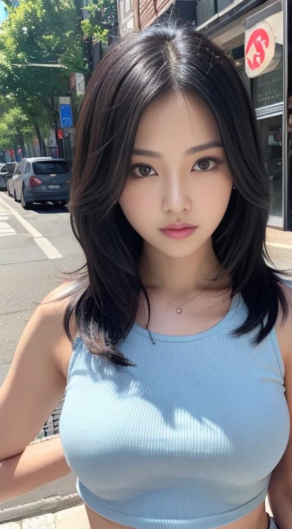 Street background Black Hair semi-long Bob urban look Beautiful woman Shapely, slender breasts
