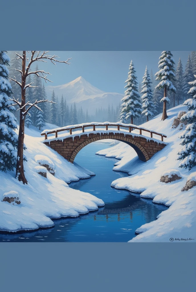 beautiful oil painting with heavy thick trokes of snow scenery at the bridge by thomas kinkade