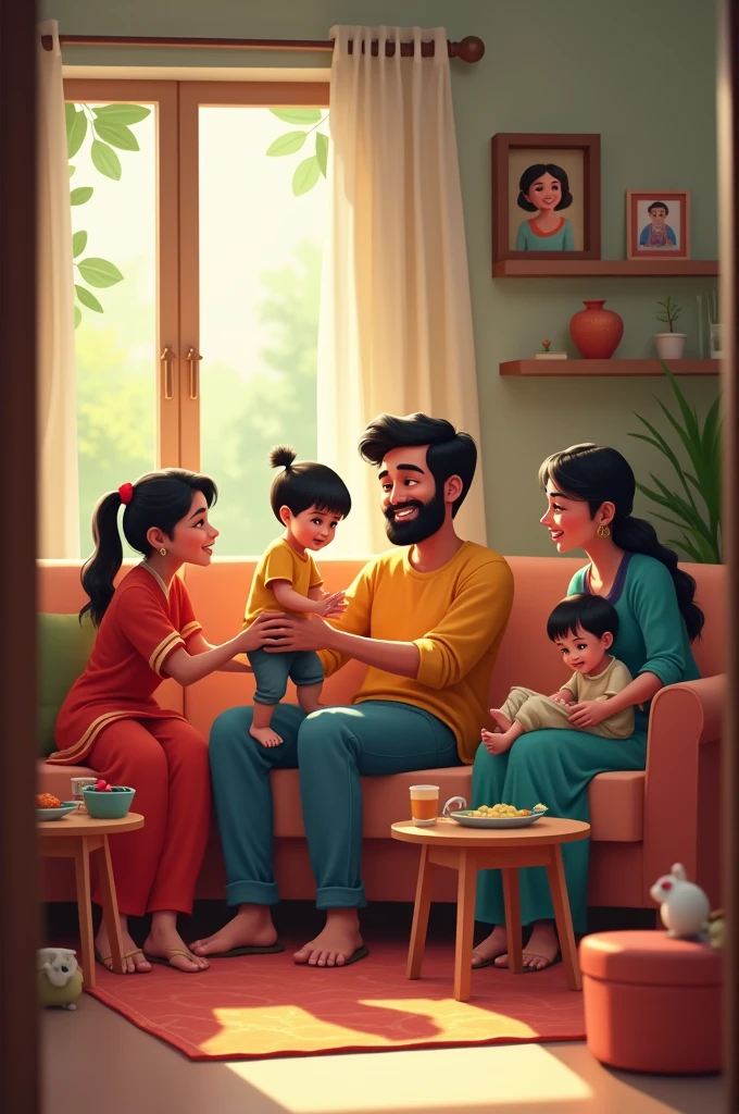 Create a picture in which an Indian father is playing with his  in middle class home with wife and another elder children they all are joyful and seems happy


Show drafts

