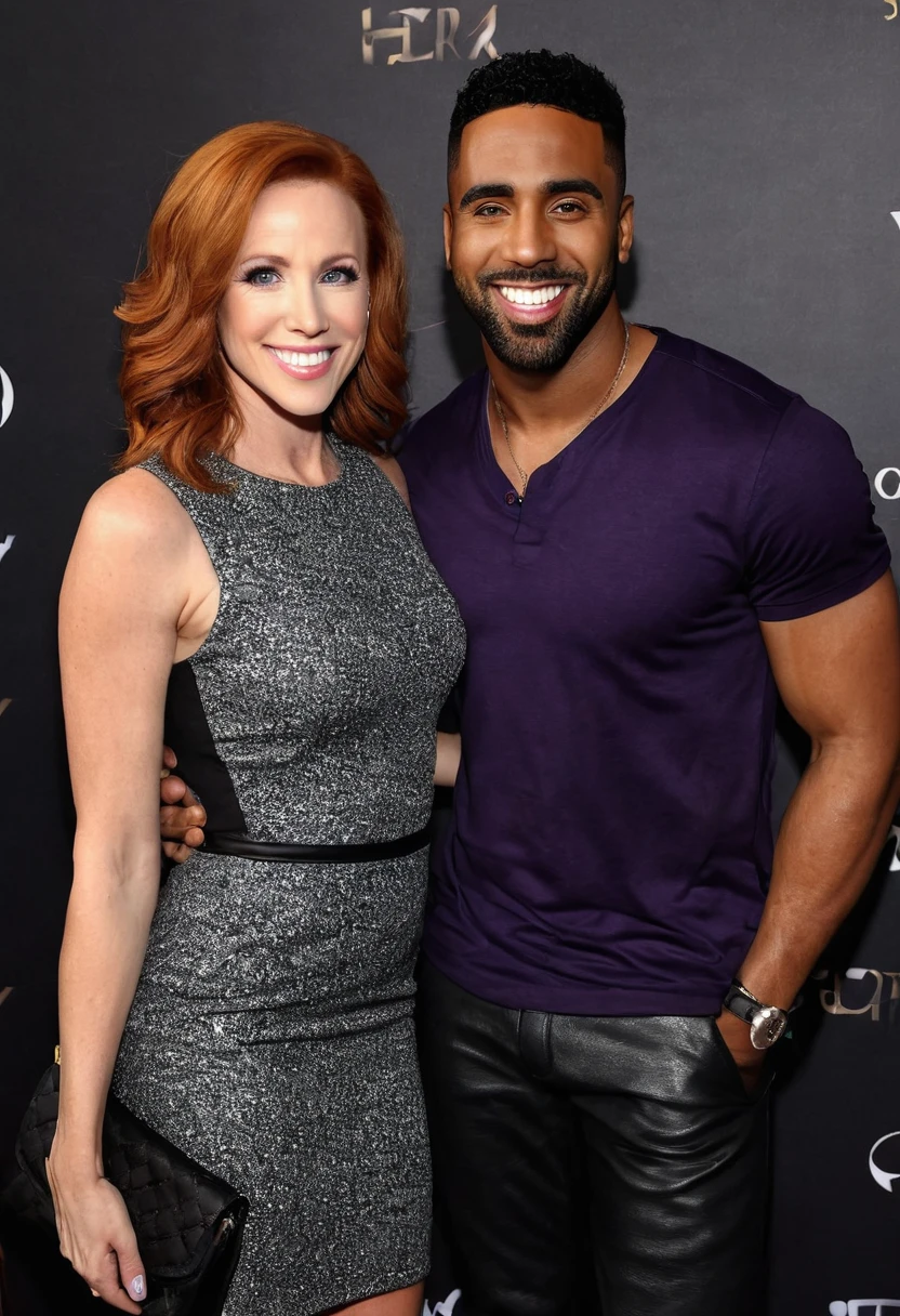 Redhaired Caucasian Canadian actress Stacey Farber and a handsome African American male whose facial features are a combo of Jason Derulo + Nathan Mitchell + Christian Keyes pose together for a photo. Both are smiling. The male is attired attractively but casually for a date. Stacey wears a purple top and a black leather skirt and black high-heeled shoes. Stacey has lovely makeup on her face. Daytime. Romantic ambiance. Symmetrical eyes. Symmetrical faces. Lovely details. Photorealistic. Full-colored photo. Professional photo. Highly detailed 8K.