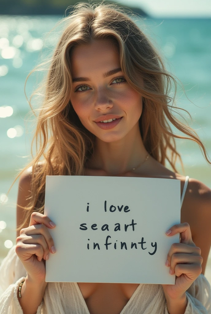 Beautiful girl with wavy long hair, bohemian dress, holding a white board with text "I Love Seaart Infinity" and showing it to the viewer