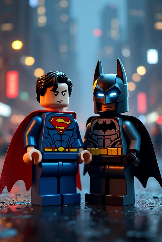 Superman and Batman in lego art, night