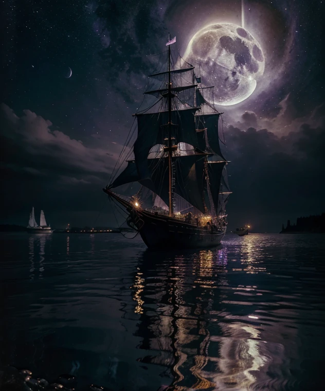 there is a gondola sailboat floating on the water at night with people on it, stars reflecting on the water, far away dreamy atmosphere, space art, tranquility of the endless stars, moonlit aurora purple sky, meteor shower on the sky, big moonlit backdrop, mystical night, fantasy victorian harbour night, sky waters, star lit sky, detailed dreamscape, fantasy Victorian art, creative of unique, dynamic, decorative of gold accessories, a surrealist painting inspired by gaston bussiere, shutterstock, gothic art, moonlit purple sky, moonlit backdrop, mystical night, victorian harbour night, dream scenery art, deep dark purple waters, baroque painting. star lit sky, detailed dreamscape, fantasy victorian art, fantasy.