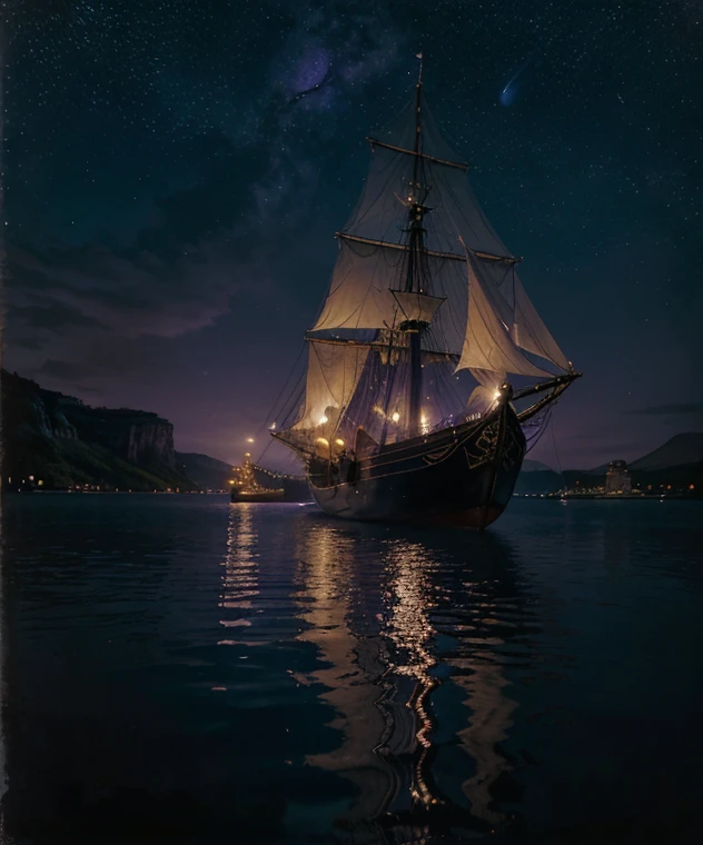 there is a gondola sailboat floating on the water at night with people on it, stars reflecting on the water, far away dreamy atmosphere, space art, tranquility of the endless stars, moonlit aurora purple sky, meteor shower on the sky, big moonlit backdrop, mystical night, fantasy victorian harbour night, sky waters, star lit sky, detailed dreamscape, fantasy Victorian art, creative of unique, dynamic, decorative of gold accessories, a surrealist painting inspired by gaston bussiere, shutterstock, gothic art, moonlit purple sky, moonlit backdrop, mystical night, victorian harbour night, dream scenery art, deep dark purple waters, baroque painting. star lit sky, detailed dreamscape, fantasy victorian art, fantasy.