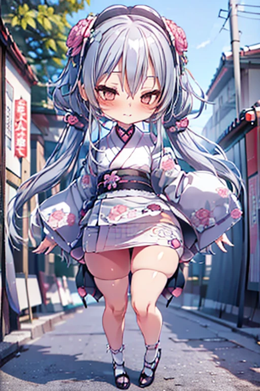 Cute BabiesChibiAnime,Gray Hair、(((Chibi 3D))) (Highest quality) (Master Price)、White kimono、White lace high heels with knitted floral motif、Japanese garden