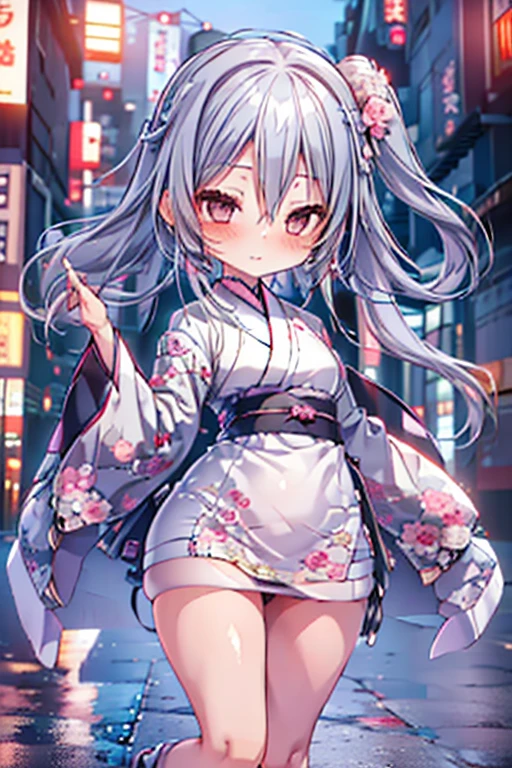 Cute BabiesChibiAnime,Gray Hair、(((Chibi 3D))) (Highest quality) (Master Price)、White kimono、White lace high heels with knitted floral motif、Japanese garden