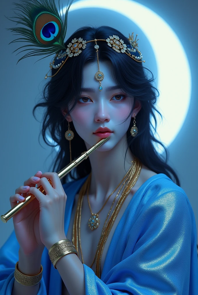 Shri Krishna most handsome man in blue mirror like dress under crescent moon having flute in his hand cascading black hair on his neck and his mesmerizing doe eyes make face like Korean and wearing peacock feather and dimond crown not big crowds just like clip