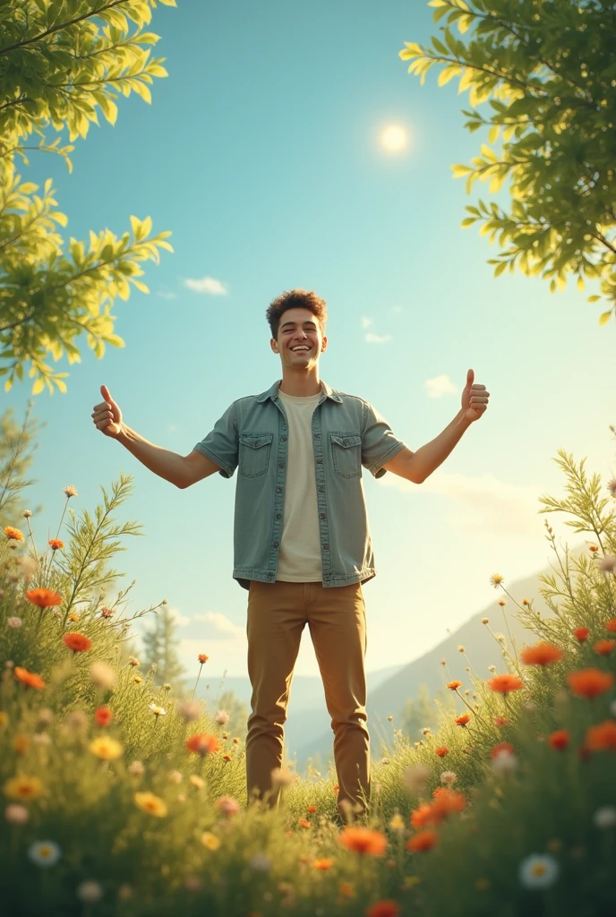 A young man with a radiant smile, with thumbs up and surrounded by a sunny and beautiful landscape, include the zodiac symbols of Sagittarius.