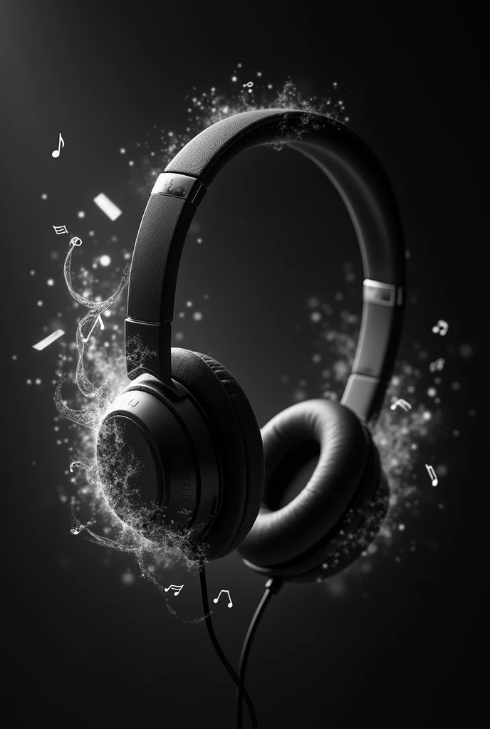 An image with headphones and a black and white background and some white melodies